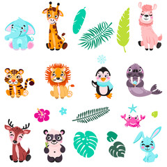 Obraz premium Big set isolated animals. Vector collection funny animals. Cute animals: forest, polar in cartoon style. Giraffe, elephant, crab, rabbit, panda, llama, lion, tiger