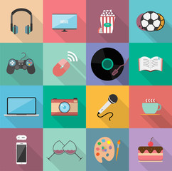 Set of entertainment flat icons design, Element for website,application and content. With long shadow on square background. 12 icons.