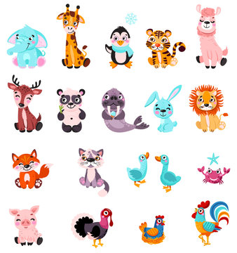 Big set isolated animals and birds. Vector collection funny animals. Cute animals: forest, farm, domestic, polar in cartoon style. Giraffe, elephant, crab, rabbit, fox, pig, llama, panda, lion, cat