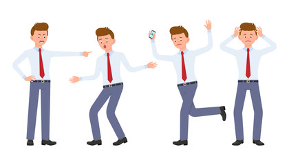 Young office worker in formal wear shouting, pointing finger, surprised, upset, shocked. Cartoon character design of stressed man at work concept - Vector