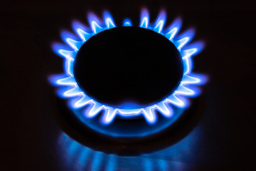 Gas burner flame at gas stove, close-up