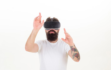 Fototapeta premium Portrait of young man wearing vr goggles, experiencing virtual reality using 3d headset. The man with glasses of virtual reality. Innovation.