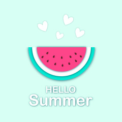 Hello Summer card with Paper cut red Watermelon and hearts. Craft layered style Summertime lettering. Cute cartoon print for t-shirt, congratulation message.