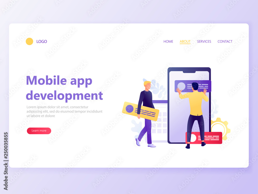 Wall mural landing web page template of mobile app development. people design mobile app near big smartphone. u