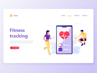 Landing web page template of Fitness tracking - health care mobile app. Young man and woman are running and jumping near smartphone. Sport tracking, heart beating, pulse rate. Flat vector illustration