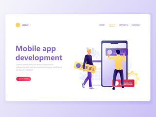 Landing web page template of Mobile App Development. People design mobile app near big smartphone. UI UX design. Modern flat concept vector illustration.