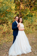 young bride and groom walking in autumn Park with yellow leaves