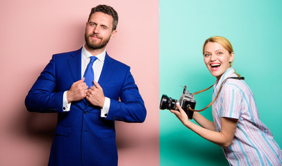 Nice shot. Fame and success. Businessman enjoy star moment. Photographer taking photo successful...