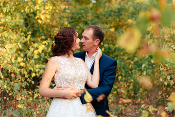 young bride and groom walking in autumn Park with yellow leaves