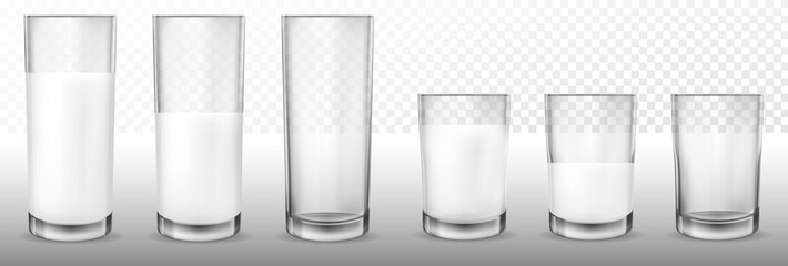 Realistic transparent glasses for milk, full and empty glass.