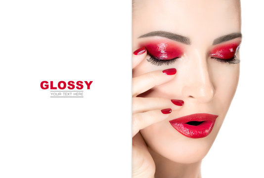 Beauty Makeup and Nail Art Concept. Glossy eye Make-up