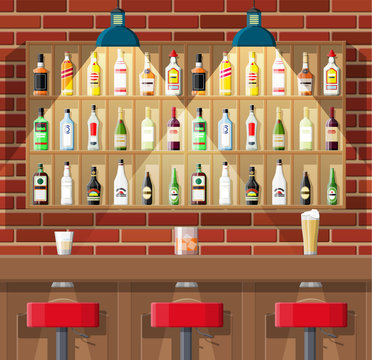 Drinking establishment. Interior of pub, cafe or bar. Bar counter, chairs and shelves with alcohol bottles. Glasses, lamp. Wooden and brick decor. Vector illustration in flat style