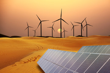 Sunset in dessert with renewable energy farms