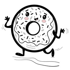 Funny donut cartoon character with sprinkles. Hand drawn vector illustration