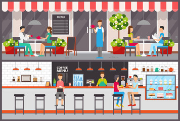 Waiter and barista, visitors in cafe or bar drinking tea or coffee, desserts in showcase vector. Interior and exterior, facade and tables, food and drinks