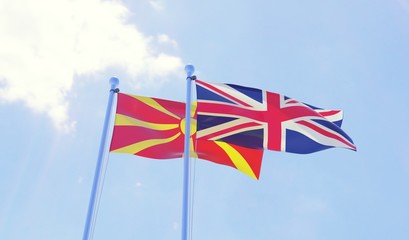 Macedonia and UK, two flags waving against blue sky. 3d image