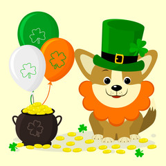 St.Patrick s Day. Cute corgi dog in green hat Leprechaun and red beard. A pot of gold coins, three balls, clover. Cartoon style, flat design. Vector illustration