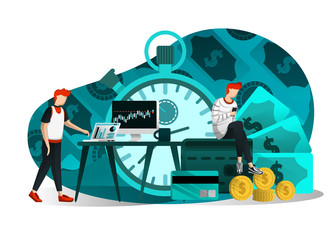vector illustration of finance, business, currency, study, investment education, time is money and profit.people pay attention to capital market and receive dollar and coin. flat cartoon character