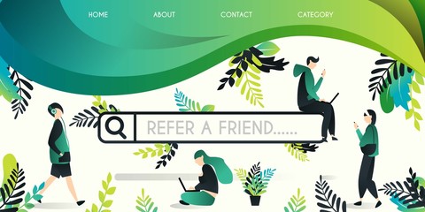 Refer a friend vector illustration concept, group of people who move around the search engine with refer a friend word , can use for, landing page, template, ui, web