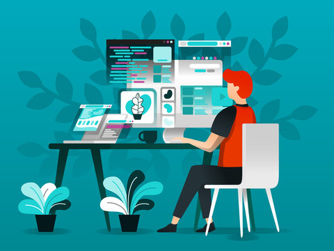 Vector illustration technology and design concept, worker designing and programming on PC, in flat cartoon style. metaphor for internet, remote, unlimited creativity, and the creative industry