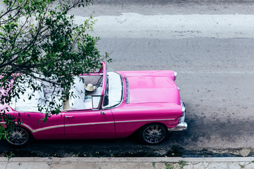 Vintage pink car parked on the street in downtown Havana
