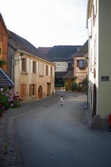 Fototapeta na wymiar Architecture of buildings in a village in rural French town in the Alsace area in summer sunshine