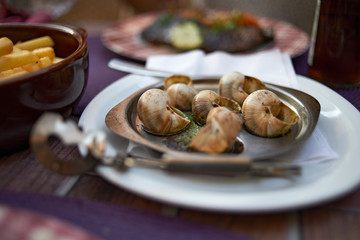 Close up of a plate with freshly baked escargot snails in garlic sauce a traditional French recipe