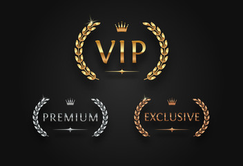 VIP, premium and exclusive sign with laurel wreath - golden, silver and bronze variants, isolated on black background. Luxury sign vector set. - obrazy, fototapety, plakaty