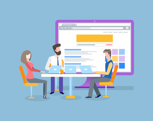 People working together on solving problem vector. Business meeting, conference with laptop showing opened website design. Monitor of computer with data