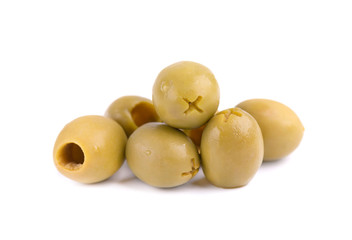 Pitted and marinated green olives, isolated on white background.