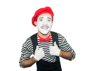 Cheerful mime, isolated on white. Man, as a pantomime actor,  looking at camera.
