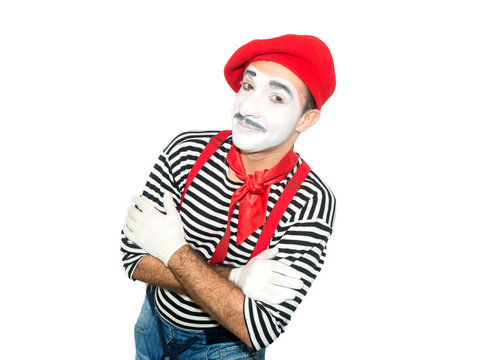 happy mime hugging himself. isolated on white background