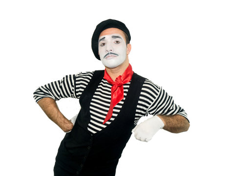 photo of mime which pretending leaning on something, isolated on white background.