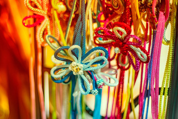 Textile flowers, Japanese traditional wear belt.Traditional clothes of kimono.