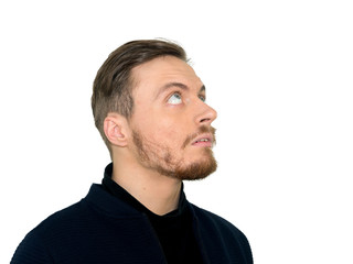 Portrait of man , expressing confusion, frowning, being displeased . Isolated on white background