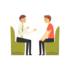 Man Talking to Manager at Bank Office, Bank Worker Providing Services to Customer Vector Illustration