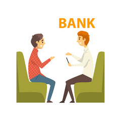 Male Client Consulting at Manager, Meeting at Bank Office, Bank Worker Providing Services to Customer Vector Illustration