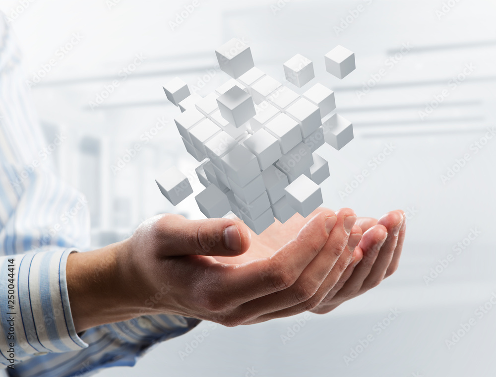 Poster concept of technology integration and innovation presented by cube figure. mixed media
