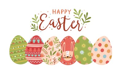 Festive greeting card template with Happy Easter wish handwritten with elegant cursive font and decorated eggs on white background. Flat vector illustration for spring religious holiday celebration.