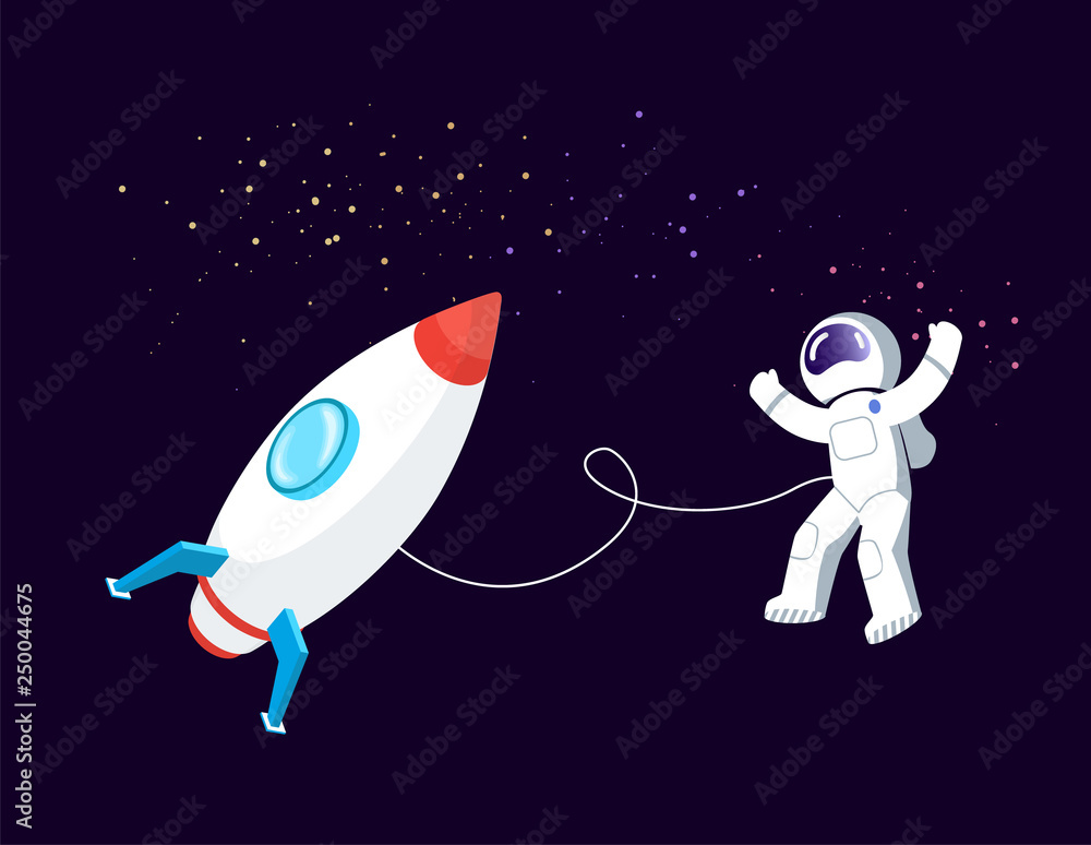 Wall mural rocket space vector, astronaut floating in cosmos with spaceship. person tied to shuttle with rope, 