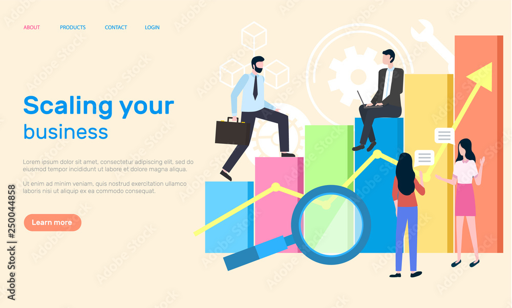 Poster scaling business people working in office website vector. woman and man analyzing results from infor