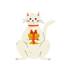 Lovely White Cat Sitting with Gift Box,  Cute Animal Character for Happy Birthday Design Vector Illustration