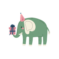 Lovely Elephant Wearing Party Hat with Gift Box,  Animal Character for Happy Birthday Design