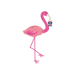 Beautiful Pink Flamingo with Gift Box, Cute Animal Character for Happy Birthday Design Vector Illustration