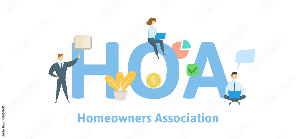 Wall mural hoa, homeowner association. concept with keywords, letters and icons. colored flat vector illustrati