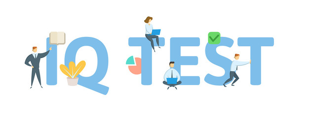 IQ TEST. Concept with people, letters and icons. Colored flat vector illustration. Isolated on white background.