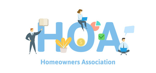 HOA, Homeowner Association. Concept with keywords, letters and icons. Colored flat vector illustration. Isolated on white background.