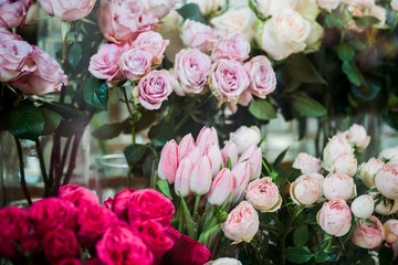 variety of colorful blooming roses and tulips