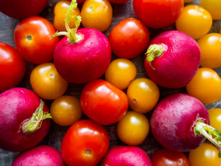 Juicy fresh cherry tomatoes and radishes