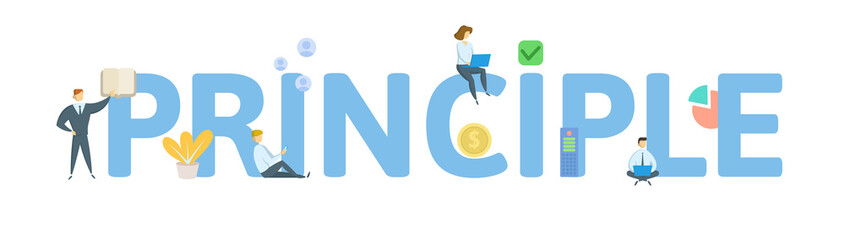 PRINCIPLE. Concept with people, letters and icons. Colored flat vector illustration. Isolated on white background.